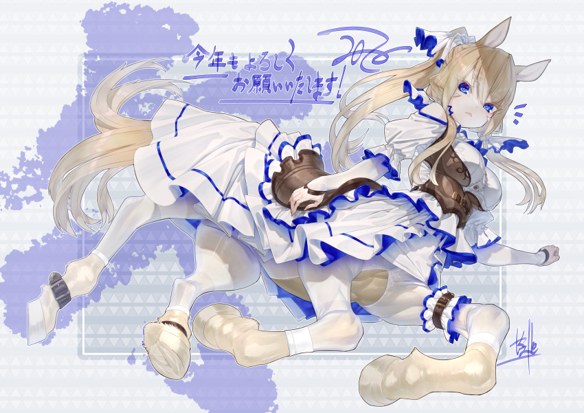 1girl, 2026, :<, animal_ears, ankle_belt, bare_shoulders, belt, blonde_hair