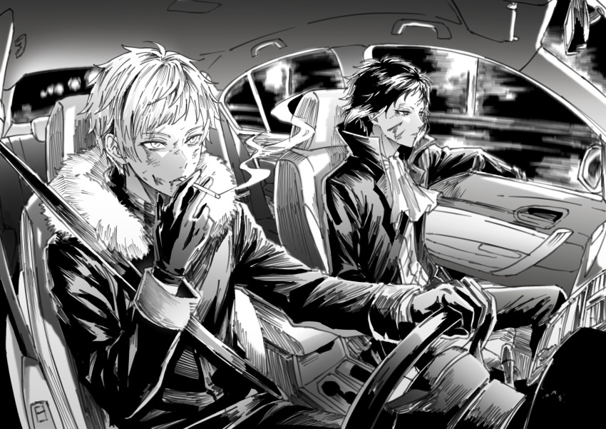 2boys, akutagawa_ryuunosuke_(bungou_stray_dogs), ascot, black_coat, black_gloves, black_hair, black_pants, blood