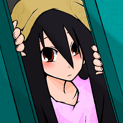 a_master_is_out, black_hair, blanket, blush, collarbone, fingers, hair_over_face, hiding