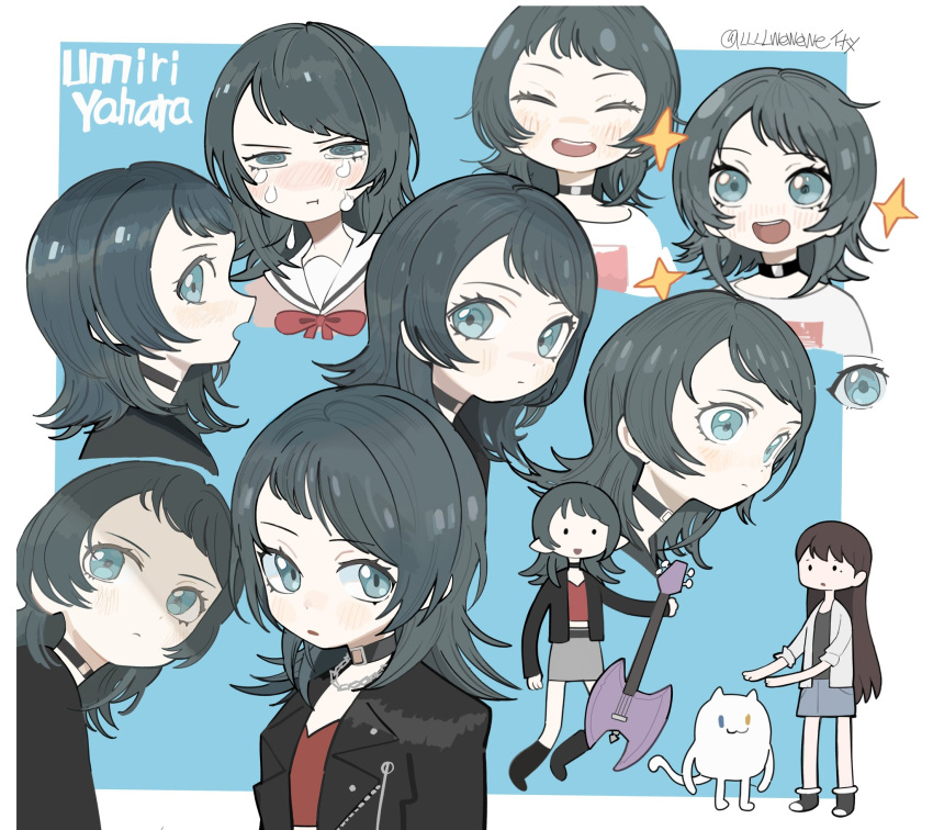 2girls, :3, :d, adventure_time, animalization, bang_dream!, bang_dream!_it's_mygo!!!!!, bass_guitar, black_choker, black_hair, black_jacket, blue_eyes, blush, cat, character_name, choker, commentary, crop_top, crying, crying_with_eyes_open, flipped_hair, floating, grey_skirt, hanasakigawa_school_uniform, heterochromia, highres, holding, holding_bass_guitar, holding_instrument, instrument, jacket, kaname_raana, llllwewewe, long_hair, miniskirt, mole, mole_under_eye, multiple_expressions, multiple_girls, multiple_views, neck_ribbon, nose_blush, o-ring, o-ring_choker, open_clothes, open_jacket, open_mouth, parody, profile, raana_the_cat, red_ribbon, red_shirt, ribbon, sailor_collar, school_uniform, shiina_taki, shirt, skirt, smile, style_parody, tears, twitter_username, white_cat, white_sailor_collar, white_shirt, winter_uniform, yahata_umiri