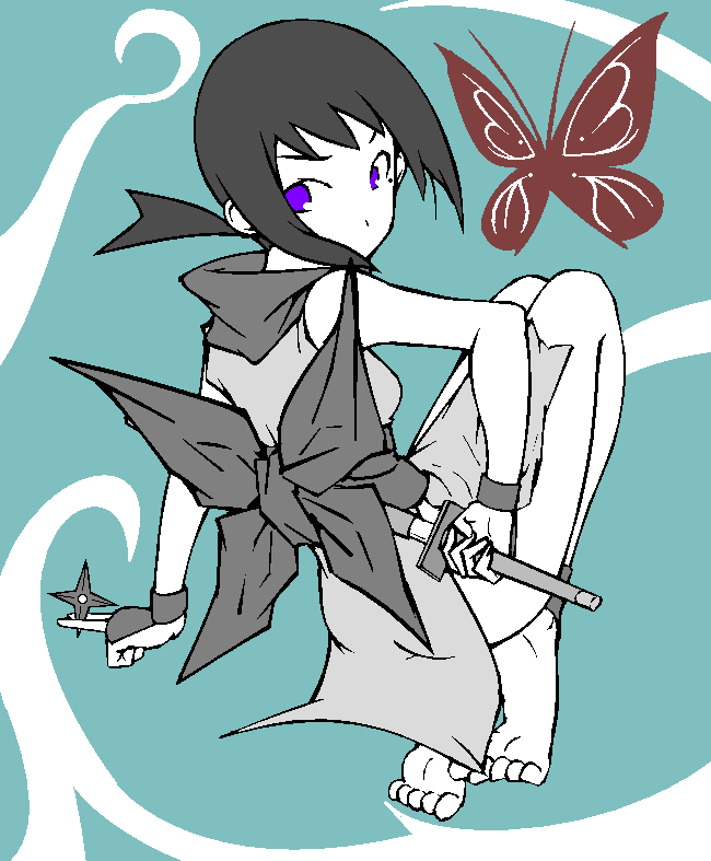 ankle_band, anklet, aqua_background, bare_legs, barefoot, black_hair, bow, butterfly