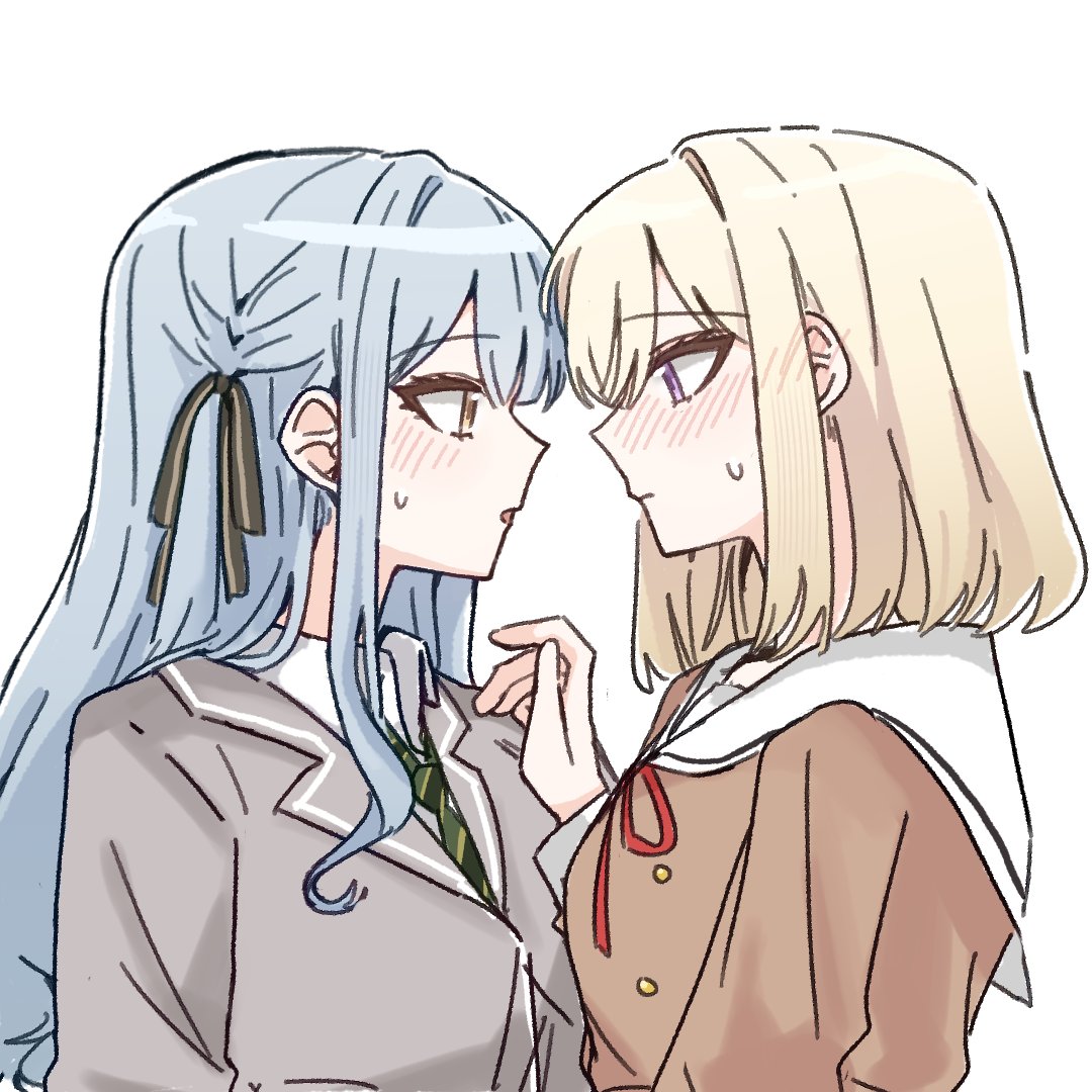 2girls, at_09098, bang_dream!, bang_dream!_it's_mygo!!!!!, black_ribbon, blazer, blonde_hair, blue_hair