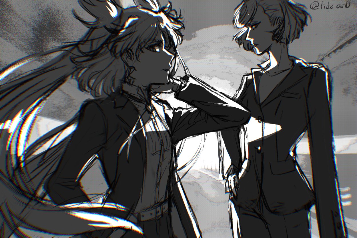 2girls, belt, burn_the_witch, chromatic_aberration, commentary, greyscale, hand_on_own_hip, hand_on_own_neck