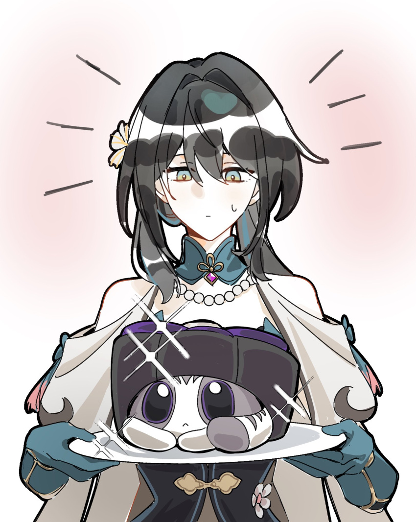 1girl, aqua_eyes, bead_necklace, beads, black_hair, cake_cat_(honkai:_star_rail), clothing_cutout, collar