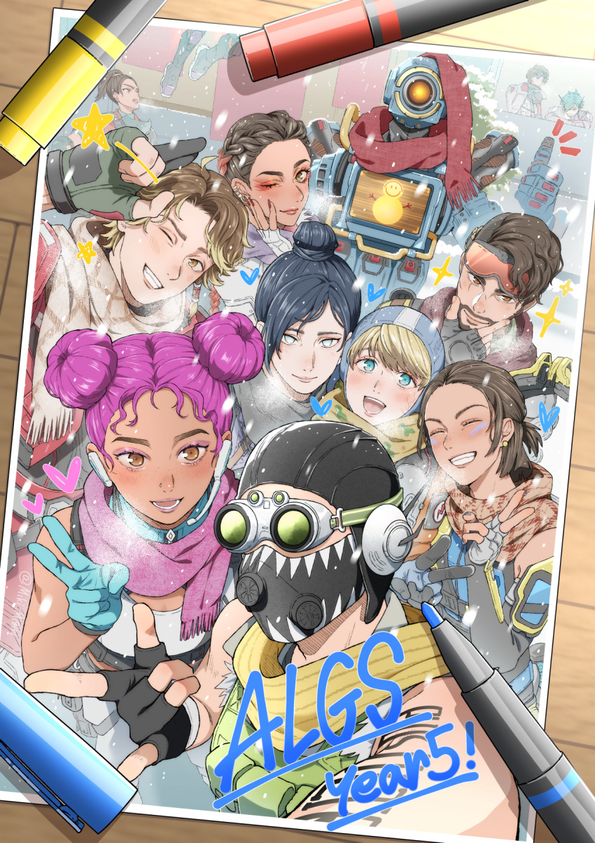 3boys, 6+girls, \m/, alter_(apex_legends), apex_legends, arm_tattoo, beard, black_hair, blonde_hair, blue_eyes, bob_cut, braid, breath, brown_eyes, brown_hair, closed_eyes, colored_tips, commentary_request, conduit_(apex_legends), curtained_hair, dark-skinned_female, dark_skin, double_bun, eyeshadow, facial_hair, fake_photograph, fingerless_gloves, gloves, goggles, goggles_on_head, group_picture, hair_bun, hand_on_own_chin, hand_on_own_face, headset, highres, horizon_(apex_legends), lichtenberg_figure, lifeline_(apex_legends), loba_(apex_legends), makeup, mask, medical_gloves, miki_migiri, mirage_(apex_legends), multicolored_hair, multiple_boys, multiple_girls, octane_(apex_legends), one_eye_closed, parted_bangs, pathfinder_(apex_legends), pen, pink_hair, rampart_(apex_legends), robot, salute, scar, scar_on_face, scarf, single_hair_bun, sleeveless, snow, snowing, sparrow_(apex_legends), swept_bangs, tattoo, thumbs_up, twin_braids, two-finger_salute, v, valkyrie_(apex_legends), wattson_(apex_legends), wraith_(apex_legends)