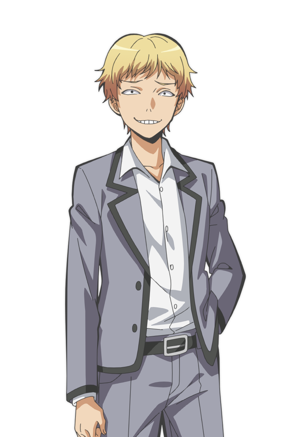 1boy, anime_coloring, ansatsu_kyoushitsu, black_eyes, blonde_hair, collared_shirt, cowboy_shot, grey_jacket