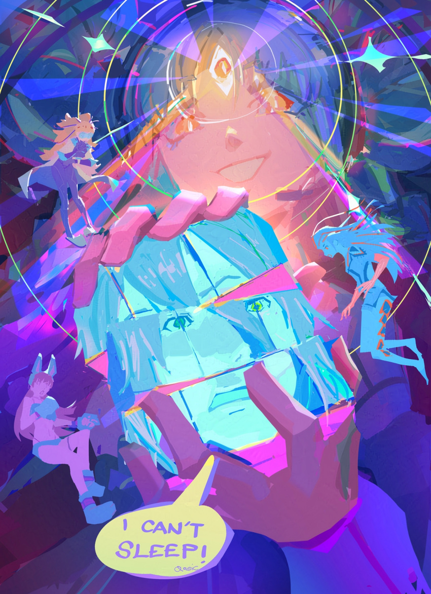 1boy, 4girls, ai_the_somnium_files, aiba_(ai_the_somnium_files), akemi_(ai_the_somnium_files), animal_hands, blonde_hair, commentary