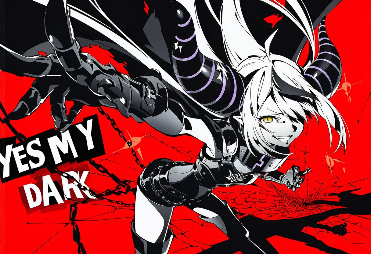 ahoge, ai-assisted, ai-generated, chain, commentary_request, cowboy_shot, demon_horns, fujiwara_ringo, hololive, horns, la+_darknesss, metal_gloves, multicolored_hair, one_eye_covered, persona, persona_5, red_background, yellow_eyes