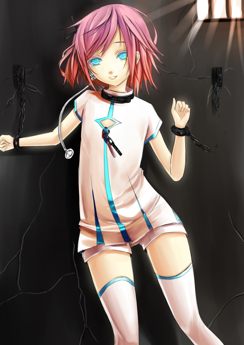 blue_eyes, chain, chained, chains, collar, cuffs, highres, manacles