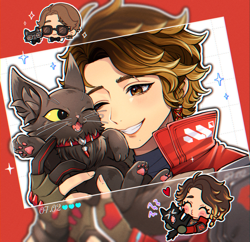 1boy, akirai, animal, apex_legends, artemis_(apex_legends), black_cat, braid, brown_eyes, brown_hair, cat, chibi, chibi_inset, collar, colored_tips, commentary_request, curtained_hair, dated, frosted_border, gloves, highres, holding, holding_animal, jacket, multicolored_hair, one_eye_closed, partially_fingerless_gloves, red_collar, sparrow_(apex_legends), swept_bangs