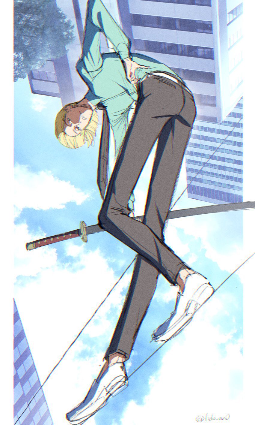 1boy, balancing, black_necktie, black_pants, bleach, blonde_hair, building, chromatic_aberration, commentary_request, from_below, full_body, green_shirt, highres, hirako_shinji, holding, holding_sheath, holding_sword, holding_weapon, lido_an0, looking_at_viewer, male_focus, necktie, pants, sheath, sheathed, shirt, shoes, solo, sword, teeth, twitter_username, weapon, white_shoes