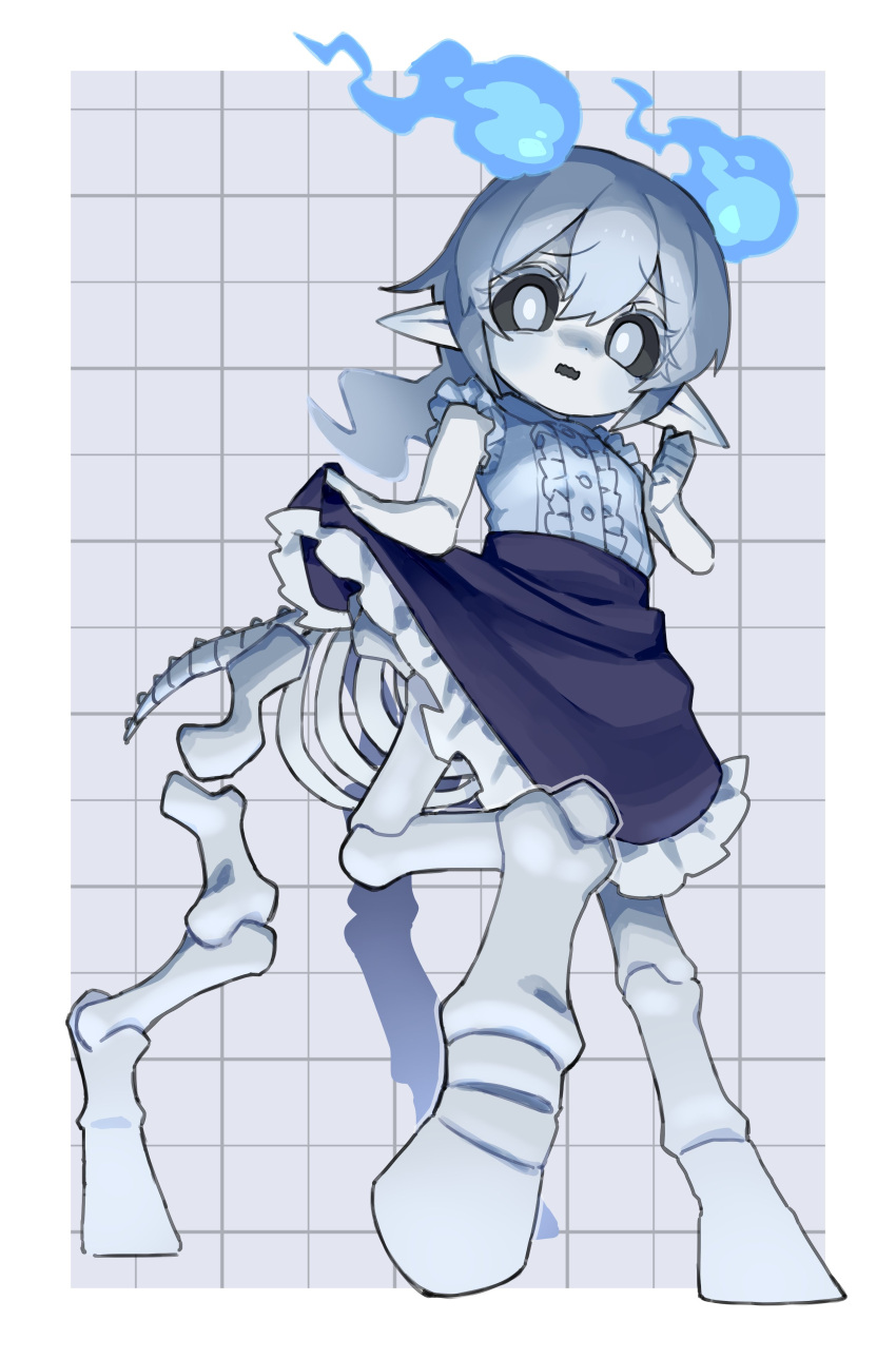 1girl, absurdres, black_sclera, blue_fire, blue_shirt, centaur, colored_eyelashes, colored_sclera, commentary_request, commission, fire, grey_background, grey_eyes, grey_hair, grid_background, highres, long_hair, looking_at_viewer, monsha_moa, monster_girl, original, pointy_ears, shirt, skeb_commission, skeletal_body, skirt, skirt_hold, solo, standing, taur