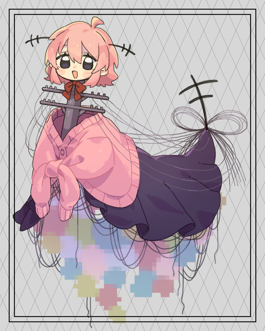 1girl, absurdres, black_eyes, black_skirt, bow, bowtie, cardigan, commentary_request, commission, full_body, grey_background, highres, human_head, looking_at_viewer, monsha_moa, original, pink_cardigan, pink_hair, power_lines, red_bow, red_bowtie, short_hair, skeb_commission, skirt, solo, utility_pole