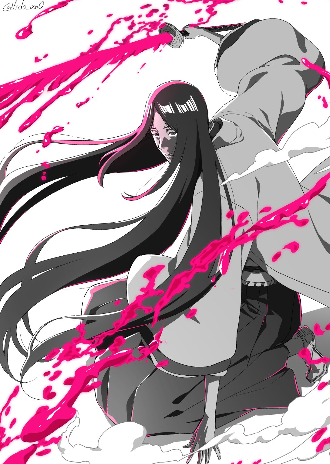 1girl, bleach, bleach:_sennen_kessen-hen, blood, commentary, dust_cloud, expressionless, hakama