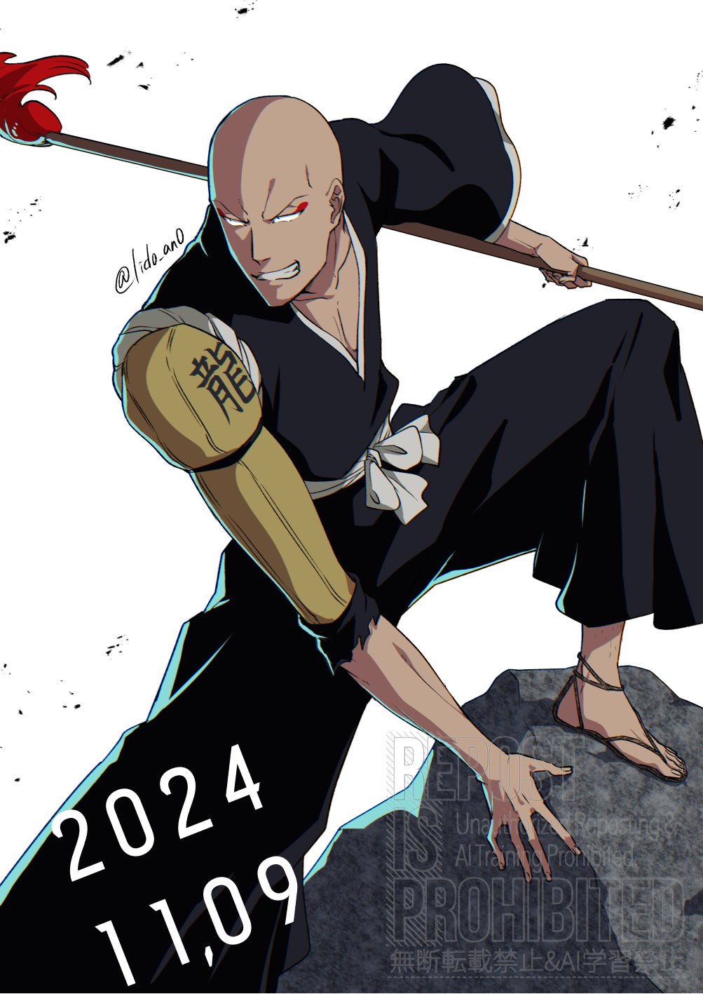 1boy, bald, black_hakama, black_pants, bleach, commentary_request, dated, eyeliner