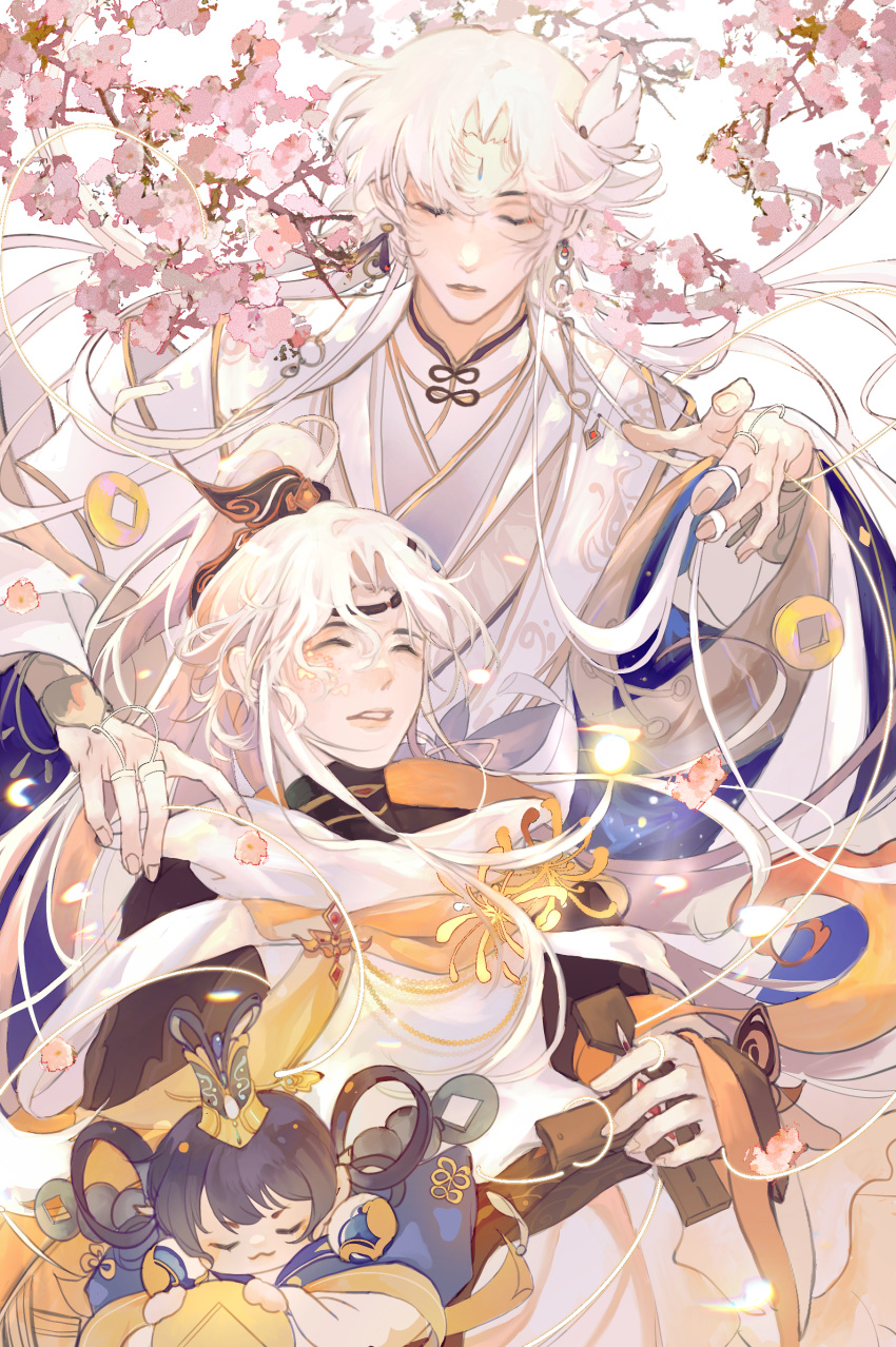 1girl, 2boys, black_hair, black_headband, black_shirt, blue_robe, cherry_blossoms, chinese_clothes