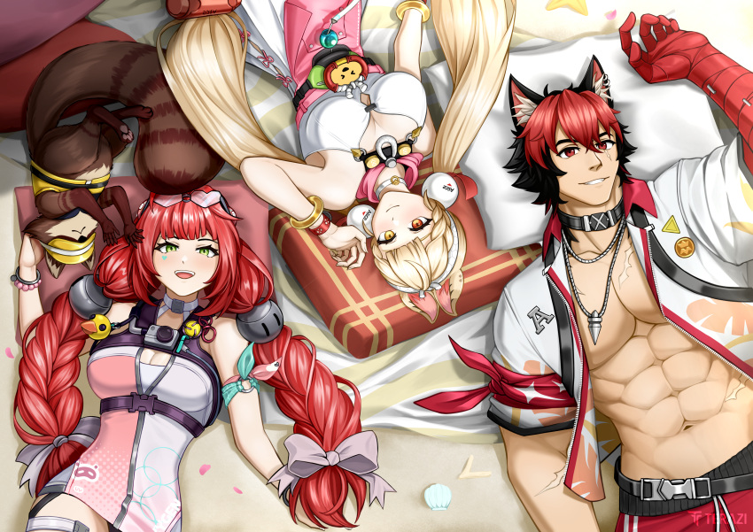 1boy, 2girls, abs, absurdres, alice_thymefield, animal_ears, bandaged_arm, bandages
