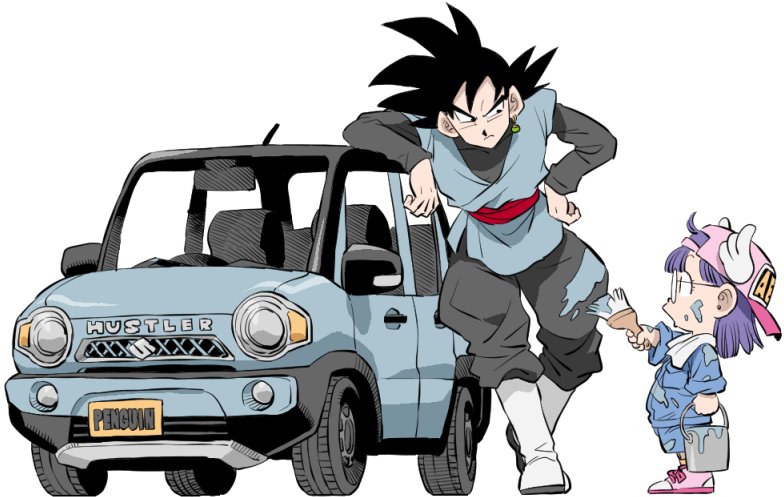 1boy, 1girl, black_hair, black_shirt, car, closed_mouth, commentary_request, creator_connection, crossover, dougi, dr._slump, dragon_ball, dragon_ball_super, earrings, full_body, goku_black, jewelry, kei_car, license_plate, long_hair, motor_vehicle, nakazaki_tou, norimaki_arale, potara_earrings, shirt, simple_background, single_earring, spiky_hair, sports_utility_vehicle, suzuki_(company), suzuki_hustler, white_background