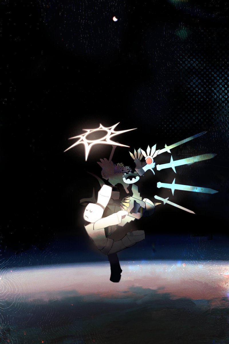 1other, atmospheric_layer, closed_eyes, crown, dancing, floating, floating_object, floating_sword
