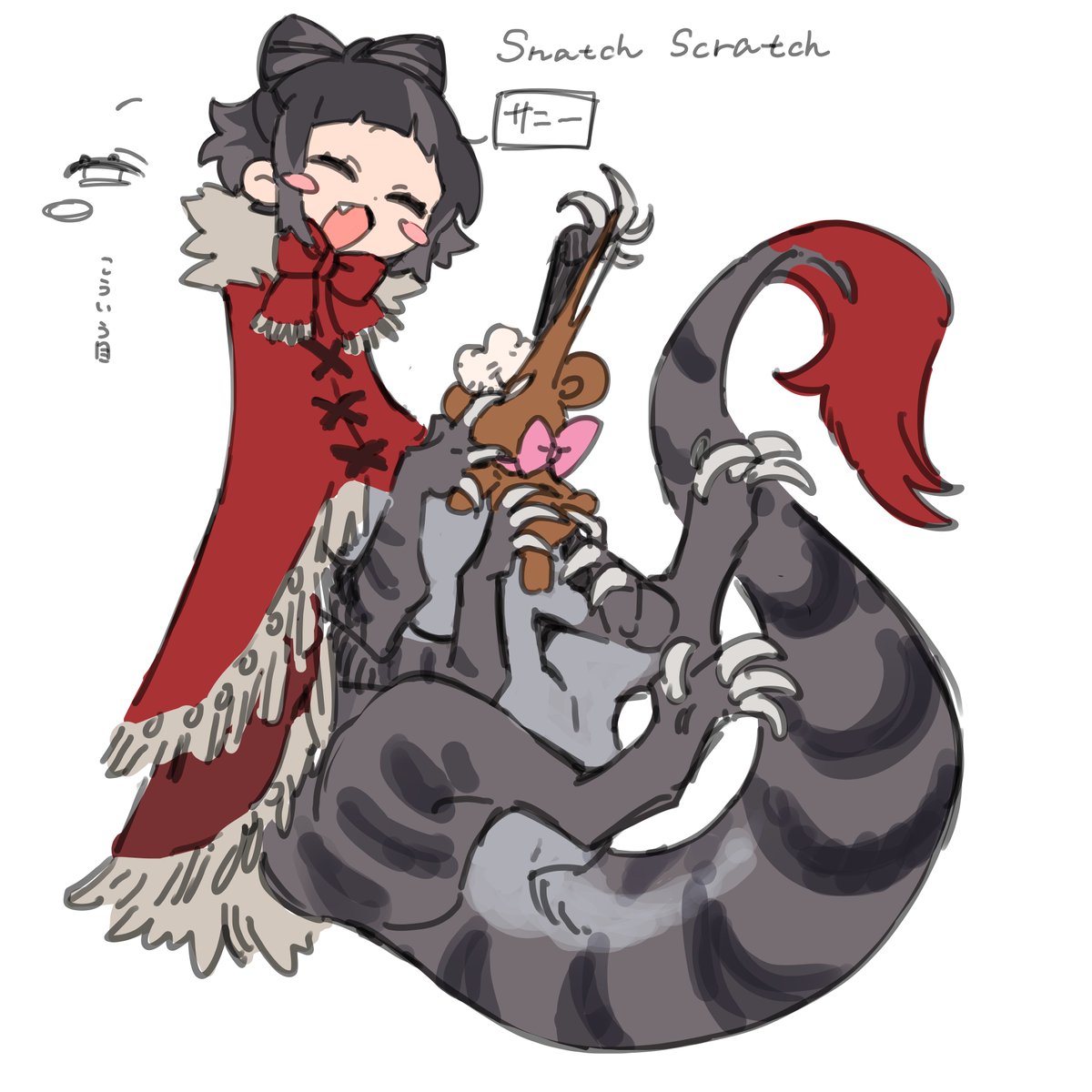 1girl, black_hair, blush_stickers, claws, closed_eyes, commentary_request, english_text, fang