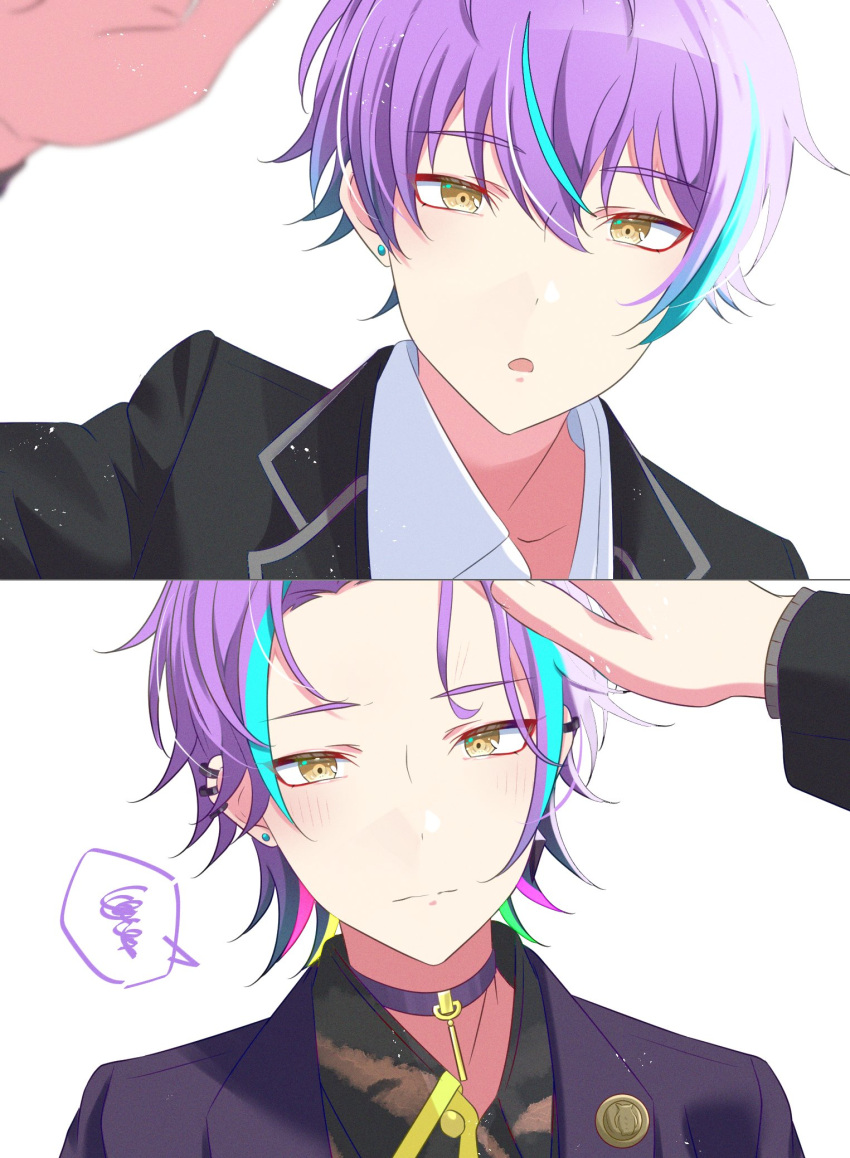 1boy, blue_hair, blush, choker, closed_mouth, commentary_request, deep_dark_for_light_(project_sekai), ear_piercing, earrings, forehead, hair_between_eyes, hand_on_another's_head, highres, ichigo_ichie_na_hyakki_yagyou!?_(project_sekai), jewelry, kamishiro_rui, lapels, long_sleeves, looking_at_viewer, male_focus, multicolored_hair, notched_lapels, official_alternate_costume, official_alternate_hairstyle, parted_lips, piercing, project_sekai, purple_hair, short_hair, simple_background, streaked_hair, stud_earrings, tokooo000, two-tone_hair, upper_body, white_background, yellow_eyes