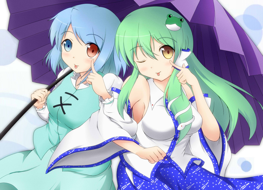 :p, akanbe, blue_eyes, blue_hair, blush, detached_sleeves, green_hair, hair_ornament