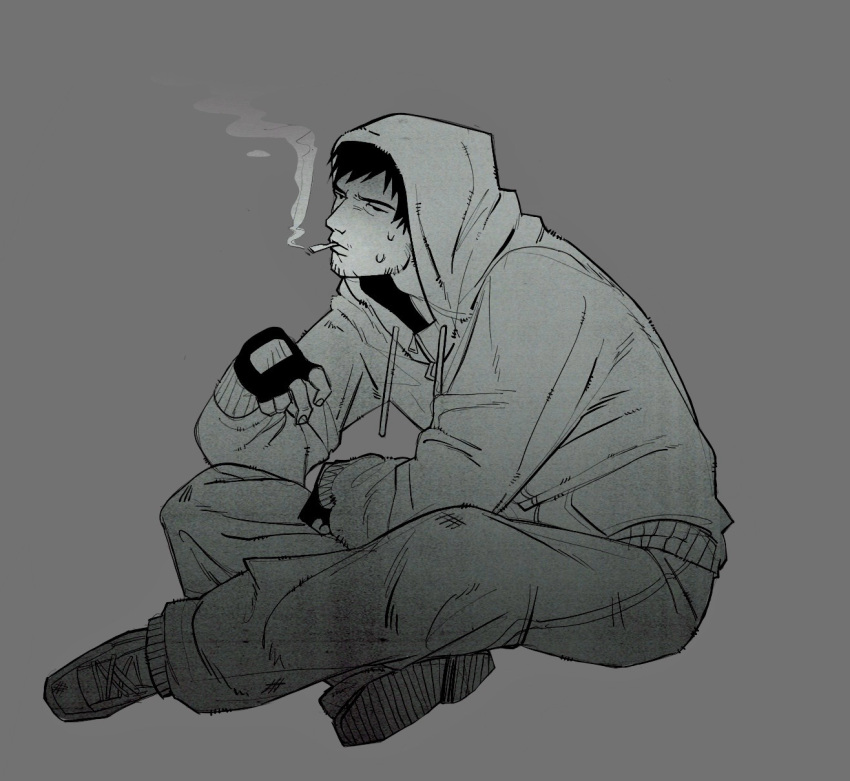 1boy, black_gloves, black_hair, crossed_legs, cry_of_fear, elbows_on_knees, facial_hair, fingerless_gloves