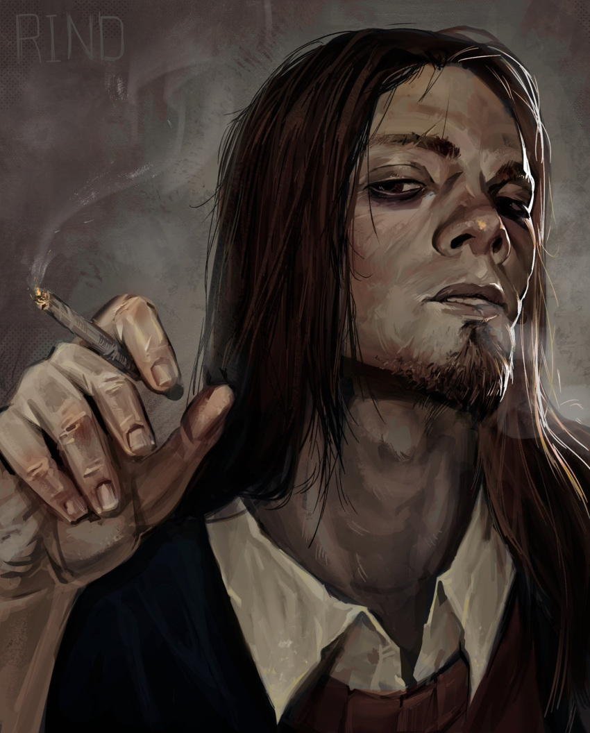 1boy, bags_under_eyes, black_eyes, brown_hair, cigarette, collared_shirt, expressionless, facial_hair, goatee_stubble, half-closed_eyes, hand_up, hashtag-only_commentary, highres, holding, holding_cigarette, long_hair, looking_at_viewer, male_focus, parted_lips, portrait, postal_(game), postal_dude, red_vest, shirt, smoke, smoke_trail, softlight18, solo, stubble, vest, white_shirt