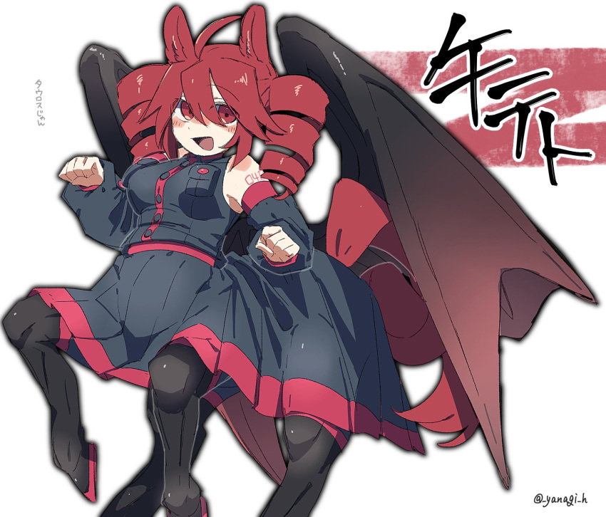 1girl, animal_ears, bat_wings, black_shirt, black_skirt, black_wings, centaur, chinese_zodiac, drill_hair, highres, horse_ears, kasane_teto, kasane_teto_(utau), looking_at_viewer, monster_girl, new_year, red_eyes, red_hair, shirt, skirt, sleeveless, sleeveless_shirt, solo, standing, taur, translation_request, twin_drills, twintails, utau, white_background, wings, yanagihae, year_of_the_horse