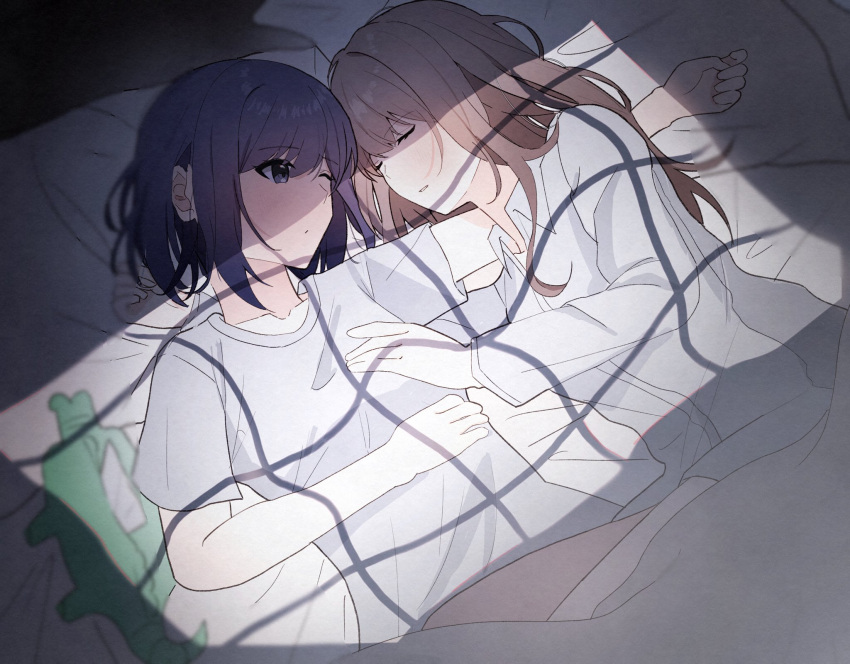 2girls, blue_eyes, blue_hair, blush, brown_hair, closed_eyes, collared_shirt, commentary, cuddling, grabbing_another's_breast, groping, highres, long_hair, looking_at_another, miyagi_shiori, multiple_girls, one_eye_closed, parted_lips, pillow, sendai_hazuki, shirt, shuuniichido_classmate_wo_kau_hanashi, sleeping, stuffed_animal, stuffed_crocodile, stuffed_toy, touka127430, under_covers, white_shirt, window_shadow, yuri