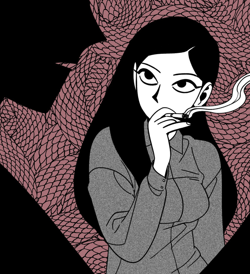1girl, 1other, black_hair, cigarette, collared_shirt, covered_mouth, greyscale_with_colored_background, hair_behind_ear
