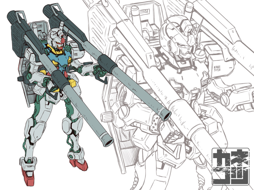 artist_logo, bazooka_(gundam), dual_wielding, energy_sword, exposed_internal_machinery, gundam, holding, holding_bazooka