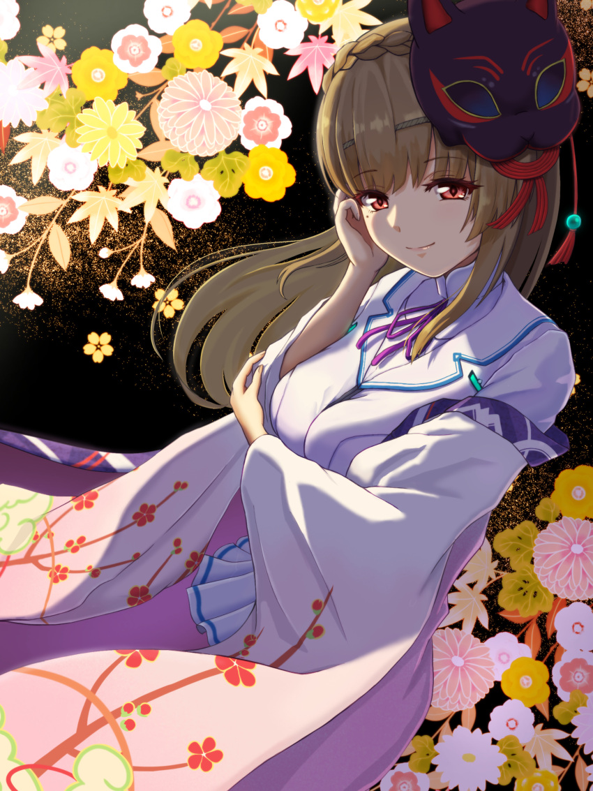 1girl, absurdres, braid, brown_hair, flower, fox_mask, heaven_burns_red, highres