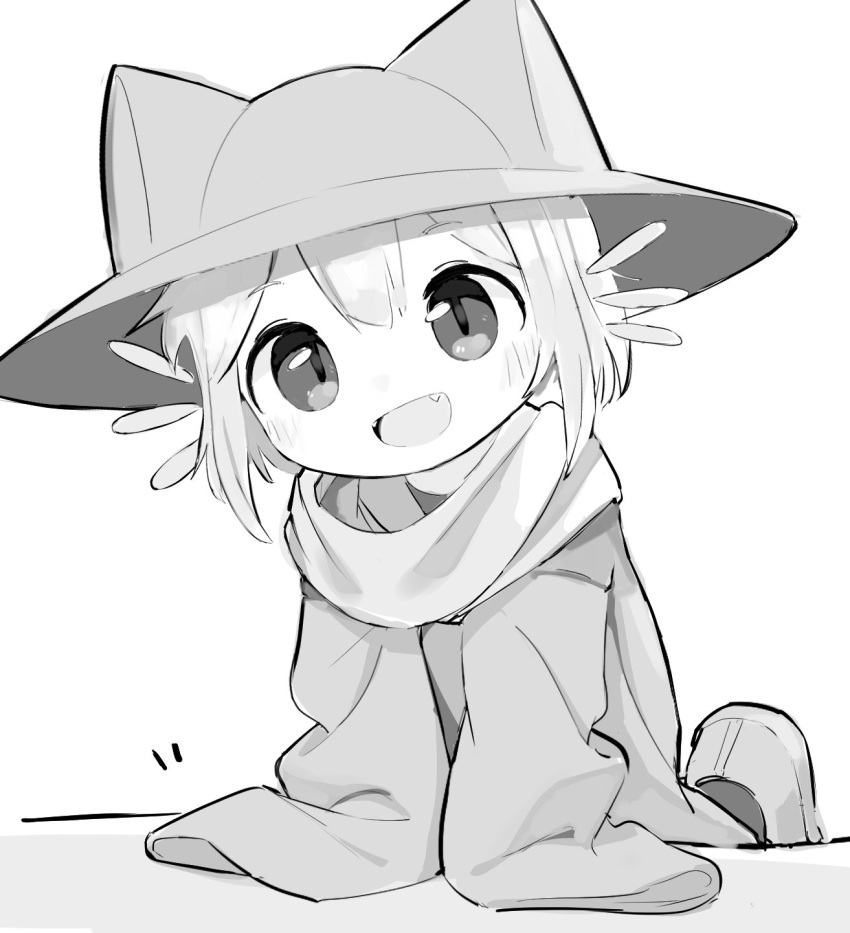 1other, androgynous, animal_hat, cat_hat, child, coat, commentary, english_commentary, fangs, greyscale, hat, highres, leaning_forward, leg_up, long_sleeves, looking_at_viewer, medium_hair, monochrome, niko_(oneshot), oneshot_(game), open_mouth, other_focus, pungsun, scarf, shoes, sleeves_past_fingers, sleeves_past_wrists, smile, solo