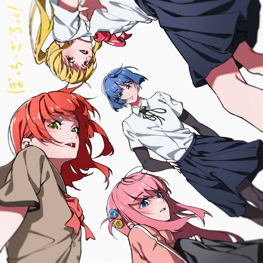 4girls, absurdres, black_ribbon, blonde_hair, blue_eyes, blue_hair, blue_skirt, bocchi_the_rock!, bow, bowtie, brown_shirt, collared_shirt, commentary_request, cube_hair_ornament, gotoh_hitori, green_eyes, hair_ornament, hairclip, highres, ijichi_nijika, jacket, kessoku_band, kita_ikuyo, layered_sleeves, long_hair, long_sleeves, looking_at_viewer, marui_(fxxstate_ofmind), medium_hair, multiple_girls, neck_ribbon, open_mouth, orange_eyes, parallel_hairclips, parted_lips, pink_hair, pink_jacket, pleated_skirt, polka_dot, polka_dot_bow, polka_dot_bowtie, red_bow, red_bowtie, red_hair, ribbon, shirt, shirt_tucked_in, short_hair, short_over_long_sleeves, short_sleeves, side_ponytail, simple_background, skirt, track_jacket, translation_request, undershirt, white_background, white_shirt, wing_collar, yamada_ryo, yellow_eyes