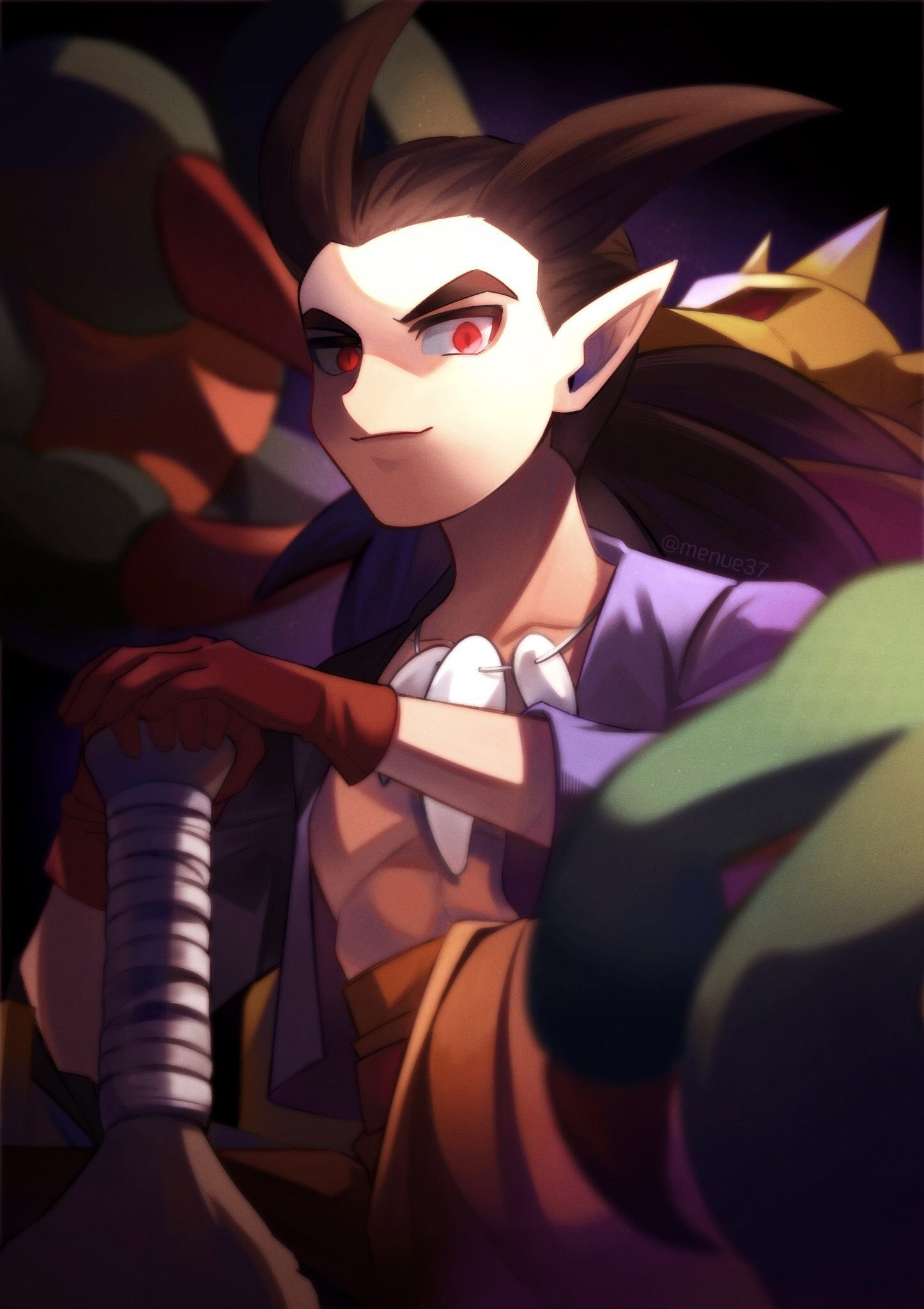 1boy, bare_pectorals, black_hair, blurry, blurry_background, closed_mouth, collarbone, dragon_quest