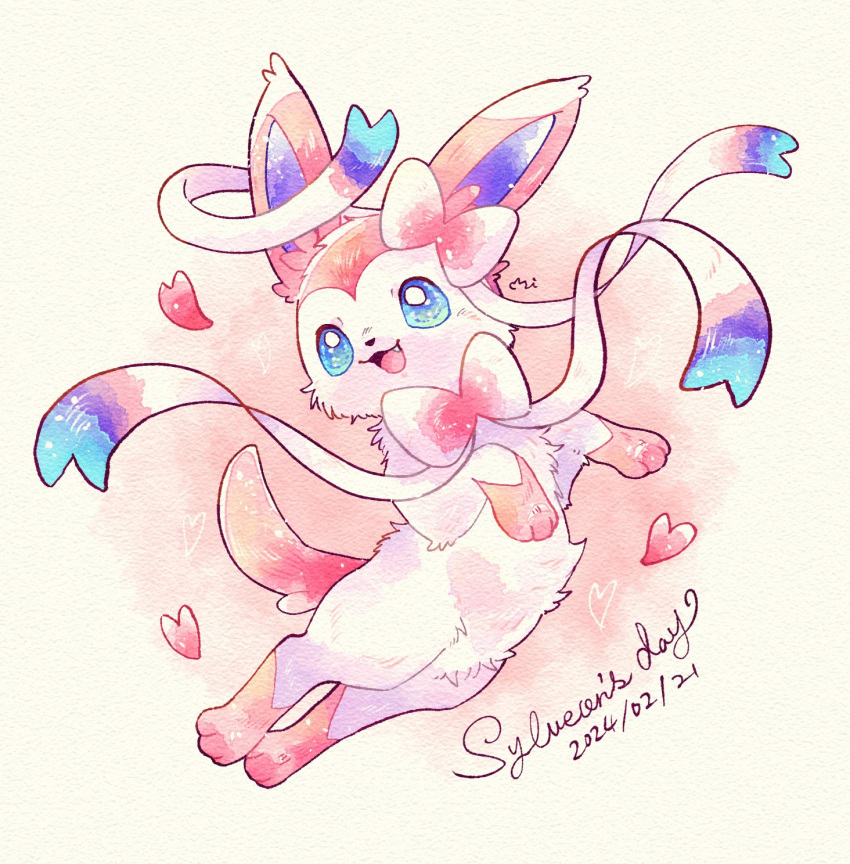 :d, animal_focus, blue_eyes, bow, bright_pupils, dated, fang, full_body, heart, highres, looking_at_viewer, lying, miketoevecan, no_humans, on_back, open_mouth, pink_background, pink_fur, pokemon, pokemon_(creature), pokemon_focus, ribbon, simple_background, smile, solo, sylveon, two-tone_fur, white_fur, white_pupils
