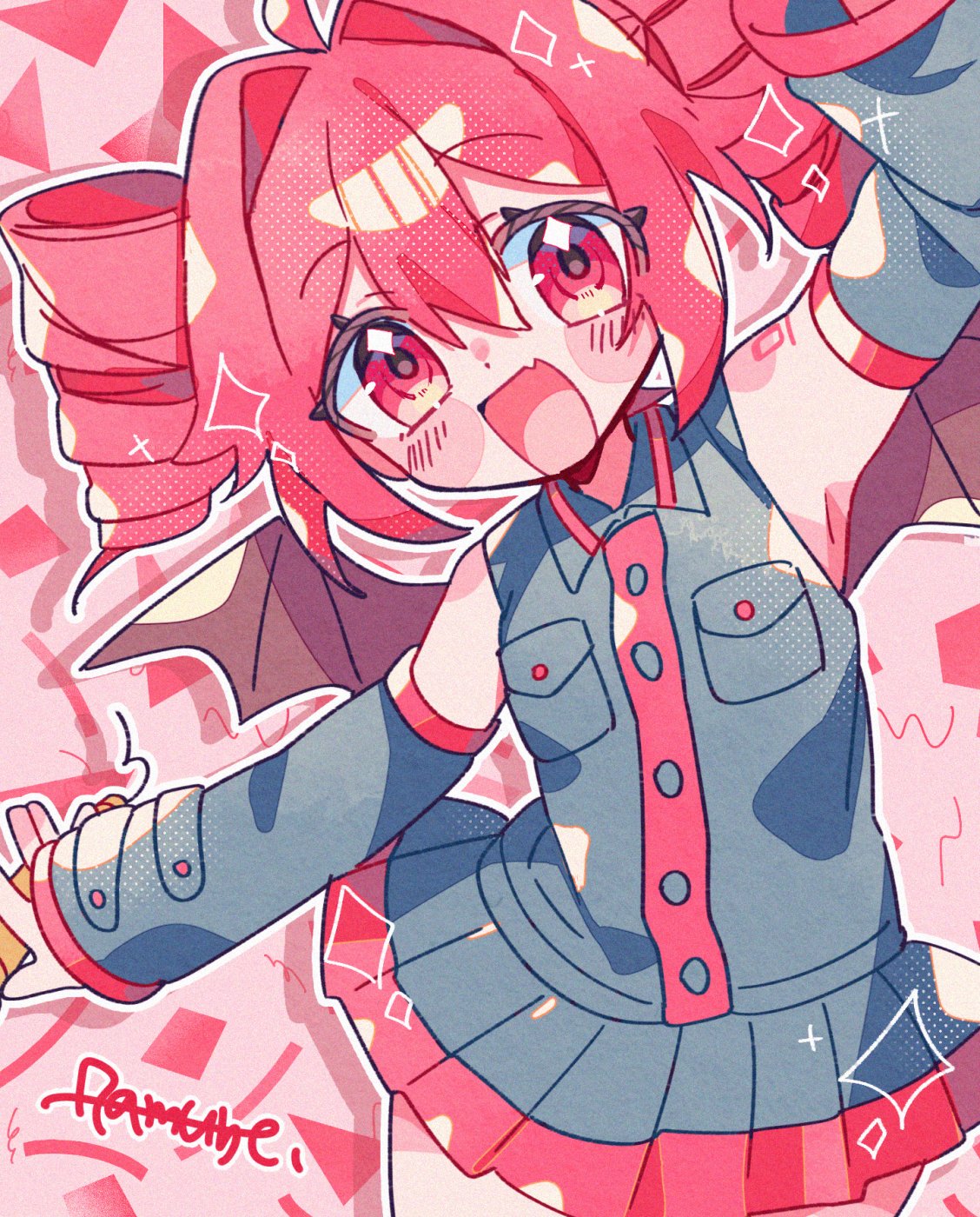 1girl, :d, ahoge, arm_up, bare_shoulders, bat_wings, black_shirt, black_skirt