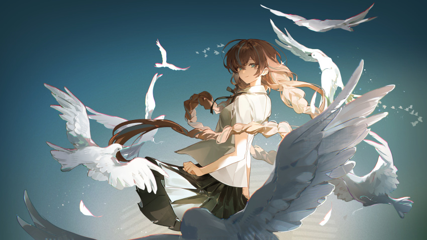 1girl, absurdres, animal, bird, black_ribbon, black_skirt, blue_background, blue_eyes