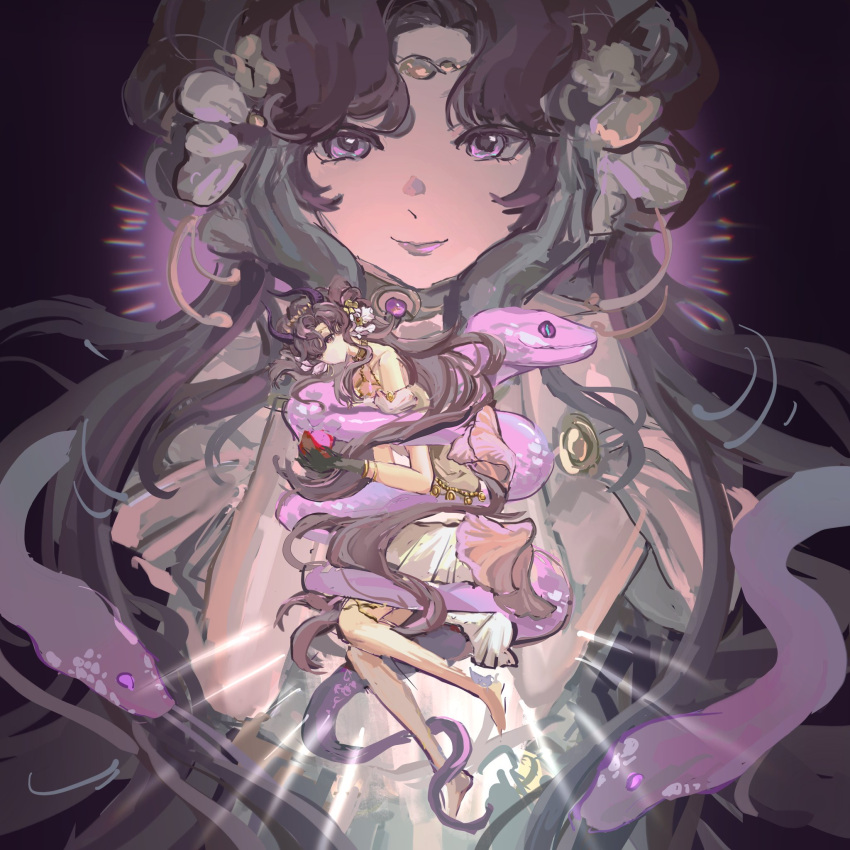 1girl, anjo_nala, anjo_nala_(forbidden_fruit), barefoot, black_background, black_hair, dress, gloves