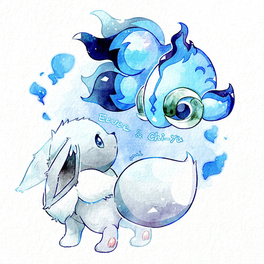 alternate_color, animal_focus, blue_eyes, character_name, chi-yu_(pokemon), eevee, fish, fluffy