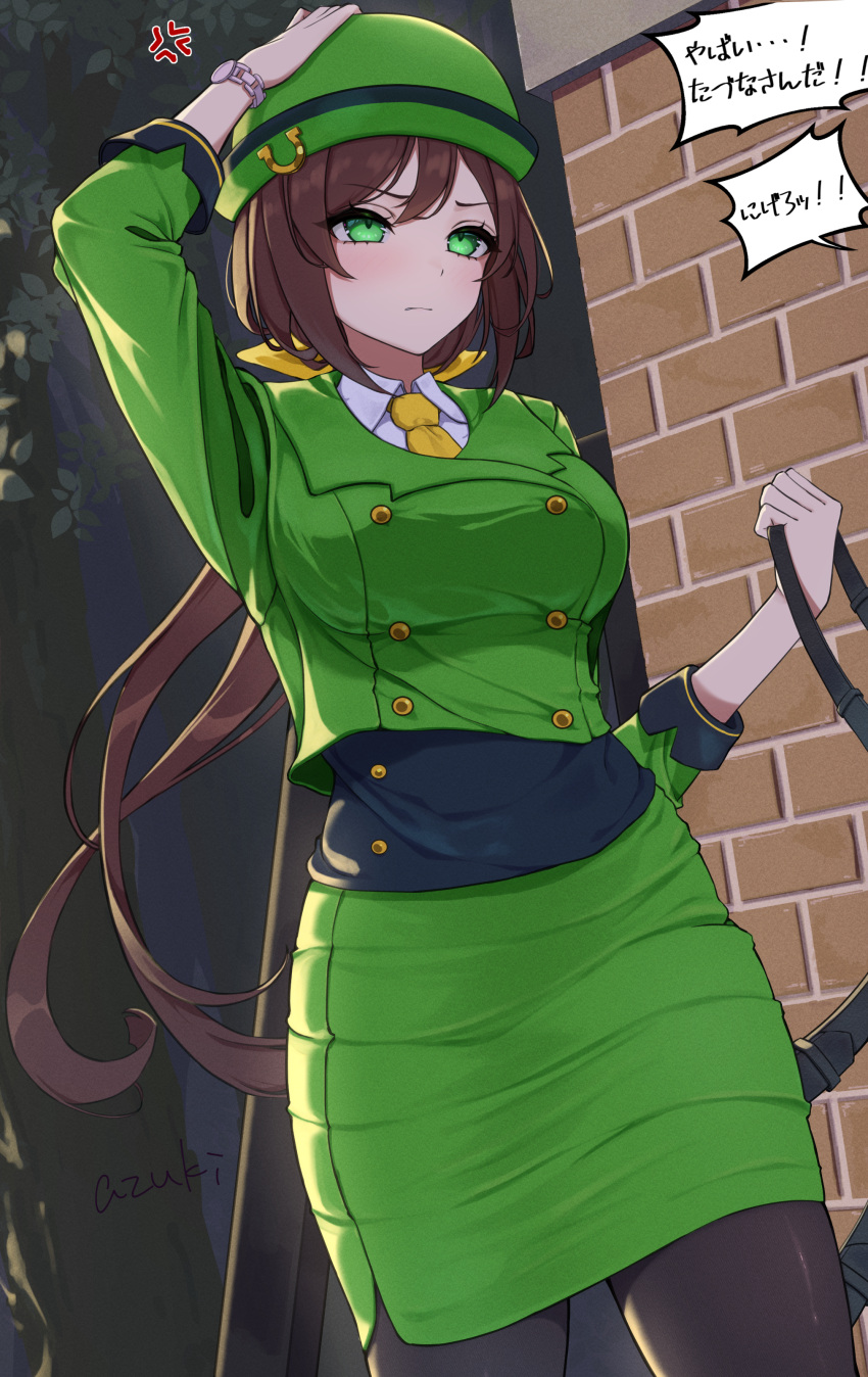 1girl, absurdres, anger_vein, arm_up, azuki_(azuki_azukki), black_pantyhose, bowler_hat, breasts