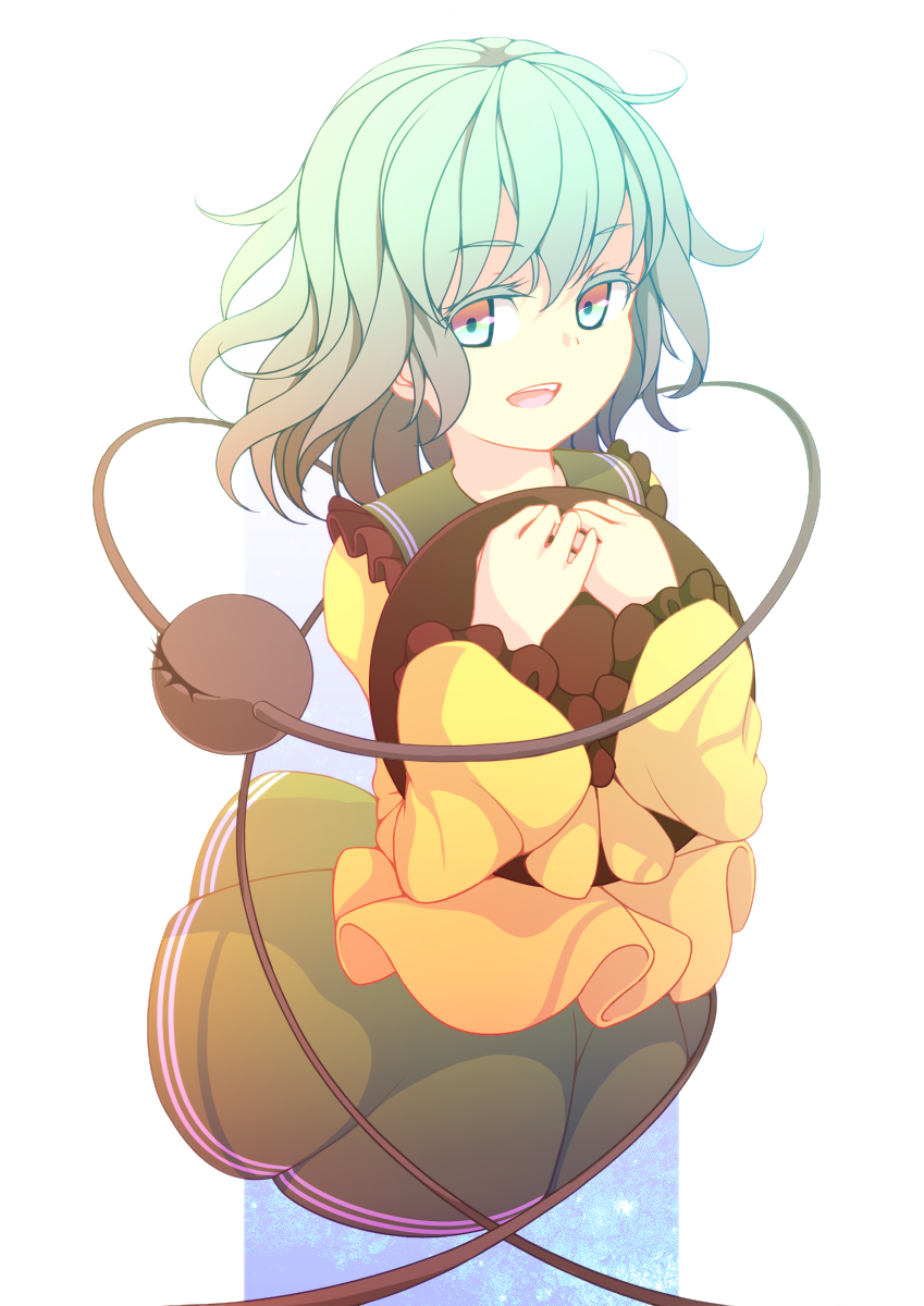 bad_id, dise, eyeball, green_eyes, green_hair, hat, hat_on_chest, hat_removed