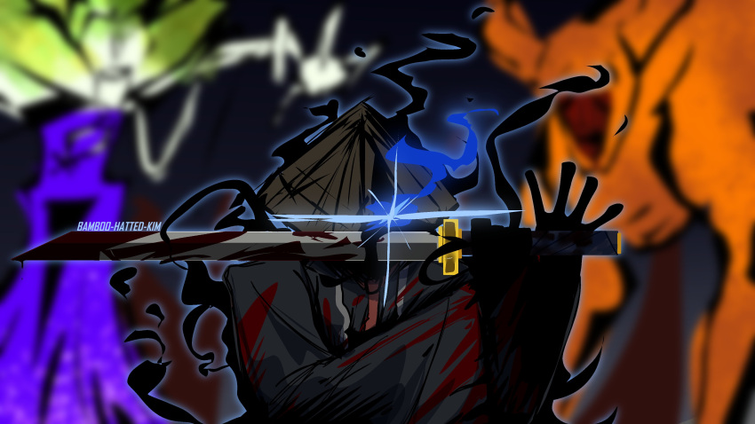 1boy, 2others, absurdres, bamboo-hatted_kim, black_coat, blood, blood_on_clothes, blood_on_weapon