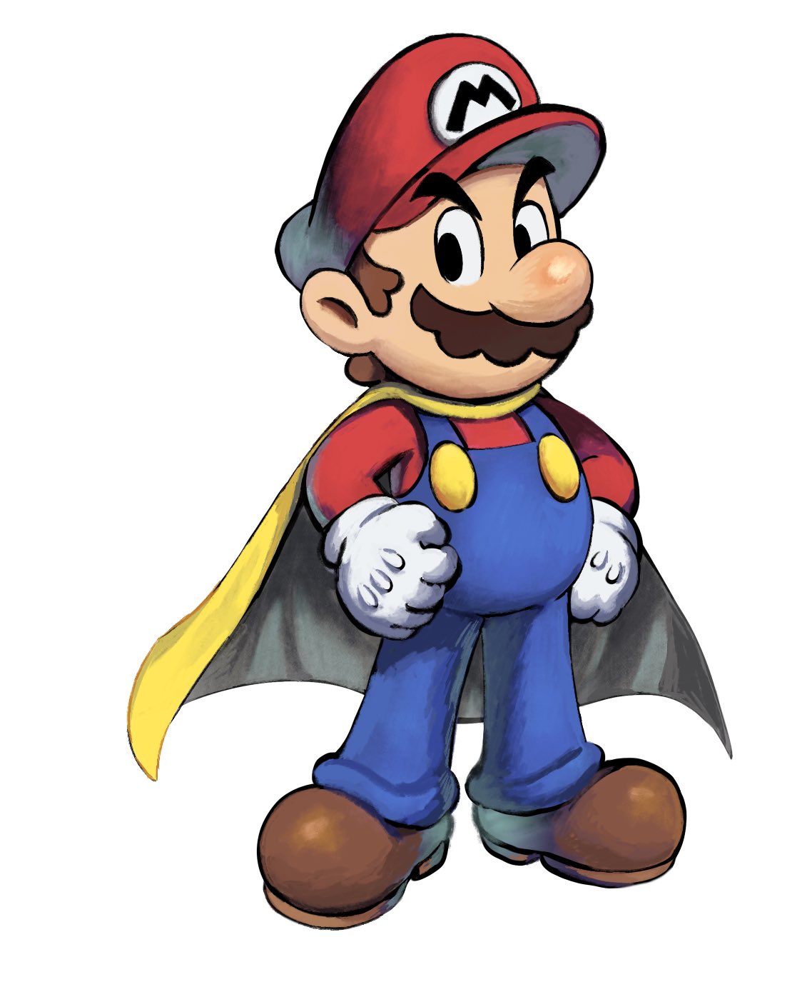 1boy, blue_overalls, boots, brown_boots, brown_hair, cape, cape_mario, commentary_request