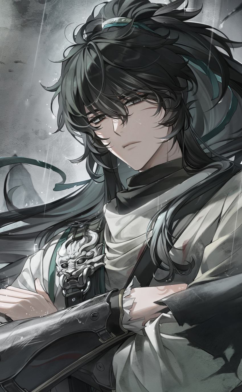1boy, absurdres, arm_armor, black_hair, cloak, closed_mouth, commentary, cropped