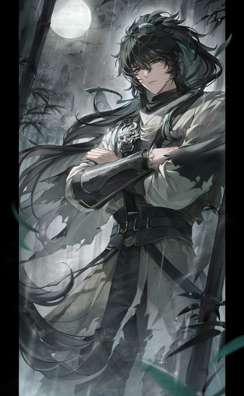 1boy, absurdres, arm_armor, black_hair, black_pants, cloak, closed_mouth, commentary, crossed_arms, full_moon, grey_eyes, hair_between_eyes, half-closed_eyes, highres, long_hair, looking_at_viewer, male_focus, moon, pants, pillarboxed, qiuyuan_(wuthering_waves), rain, solo, white_cloak, wind, wuthering_waves, zani_journey