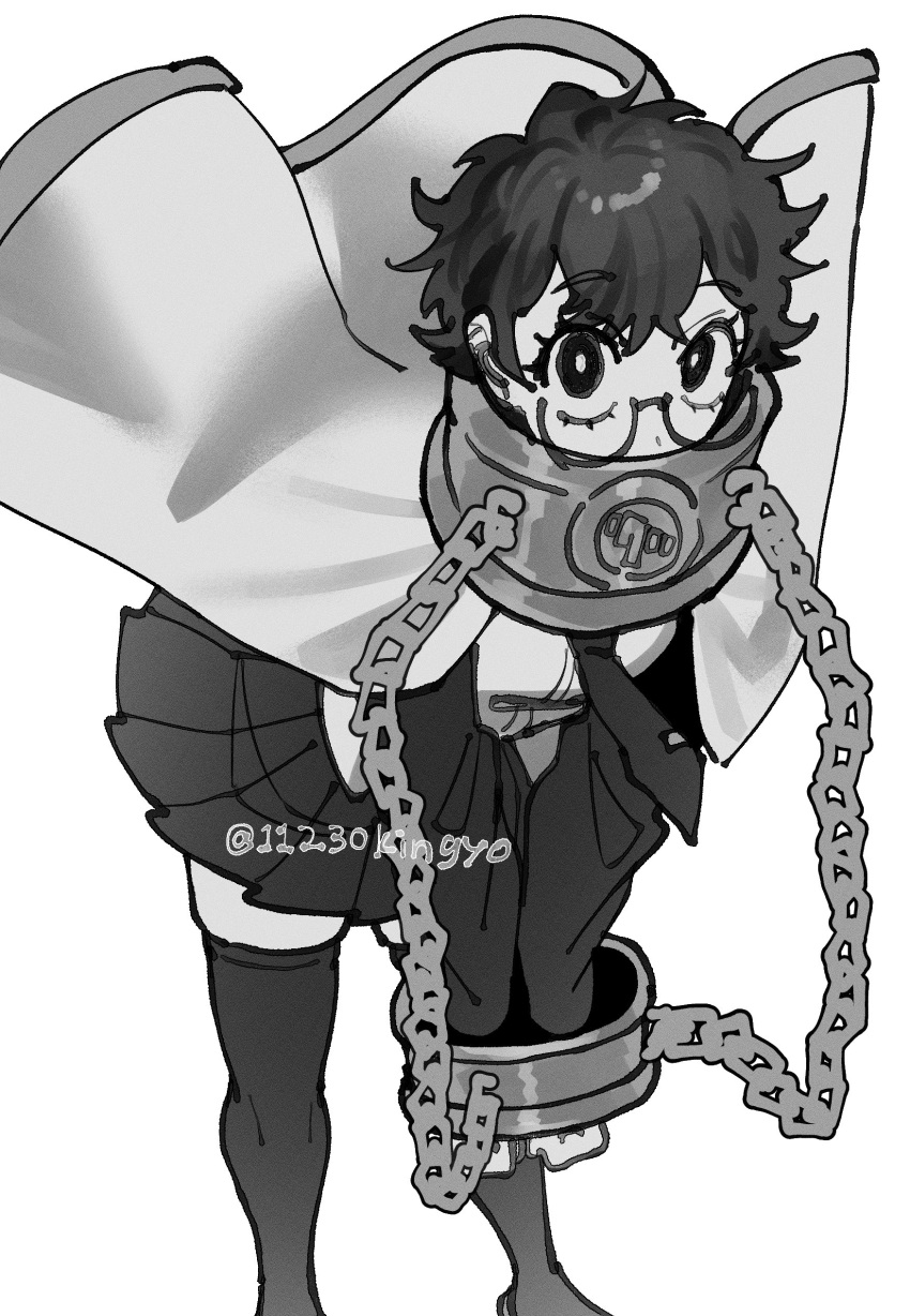 11230kingyo, 1girl, absurdres, artist_name, bent_over, black_eyes, black_hair, breasts, cape, chain, collar, commentary_request, covered_mouth, crazy_eyes, glasses, highres, limbus_company, limited_palette, looking_at_viewer, monochrome, necktie, project_moon, simple_background, skirt, solo, sora_(project_moon), thigh-highs, white_background