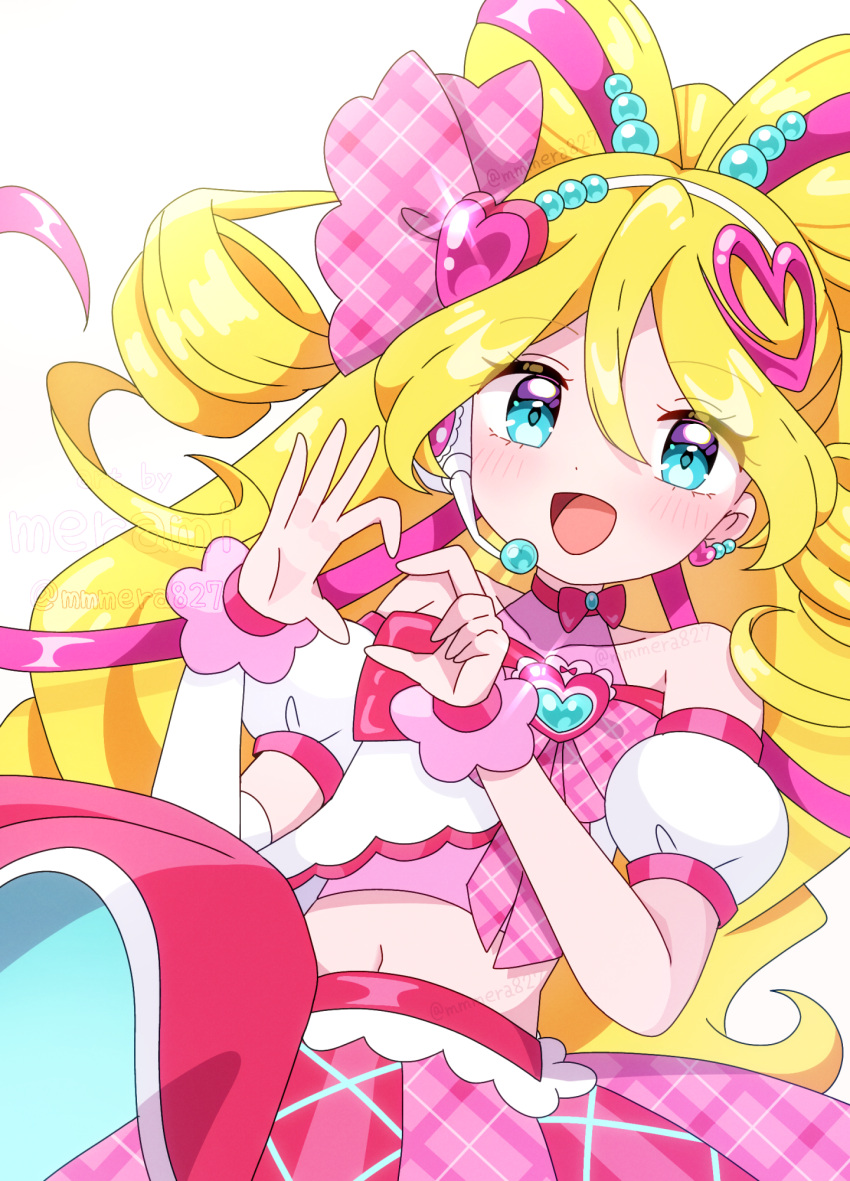 1girl, :d, arm_warmers, bare_shoulders, blonde_hair, blue_eyes, blush, bow