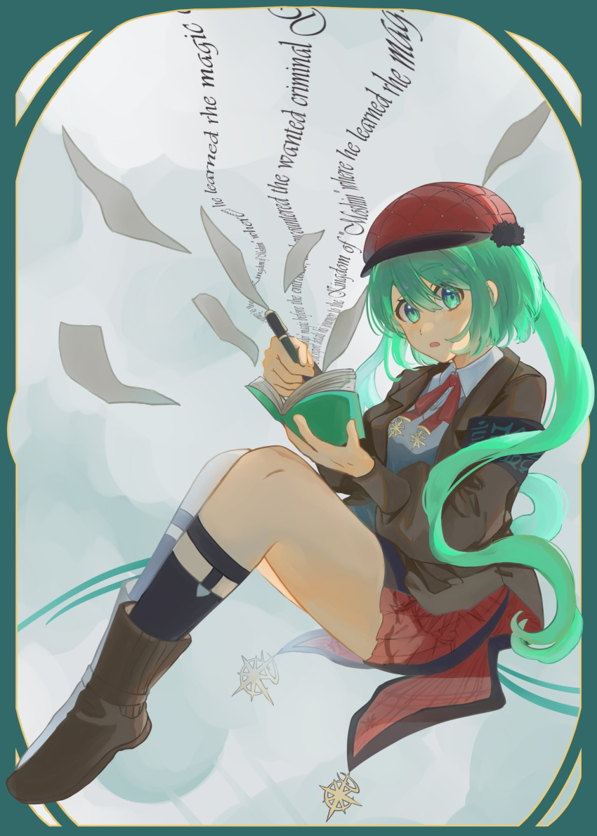 1girl, absurdres, book, english_text, green_eyes, green_hair, hat, highres